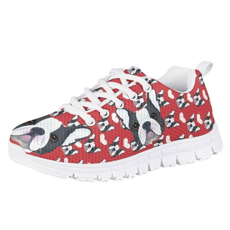 Pzuqiu Dog Print Shoes for Girls Boston Terrier Sneakers Kids Size 5 Lace Up Breathable Running Shoes Lightweight School Shoes Animal Print