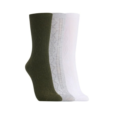 Clarks Women's Textured Crew Socks 3 Pair, Lt.Grey/White/Olive, Women's 4-10 Shoe