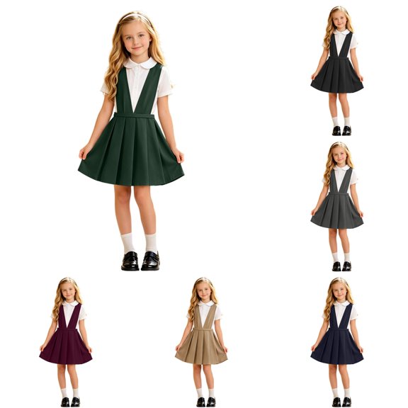 HCYSFG Girls Pleated Jumper Dress V Neck Sleeveless Solid Color A Line School Uniform Dress Structured Waist Easy Layering Back To School Pinafore Dress