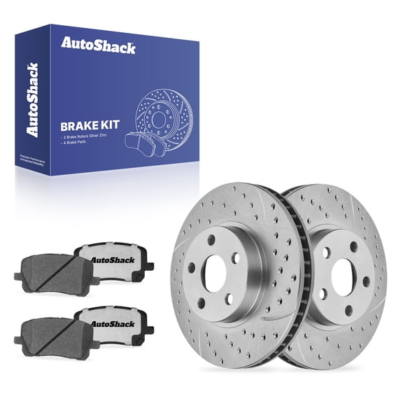AutoShack Front Vented Drilled & Slotted Silver Zinc Coated Brake Rotors   Ceramic Pads 6-PC Brake Kit Replacement for 2003-2008 Toyota Corolla SilverShield Pro 10.82" (274.9 mm)