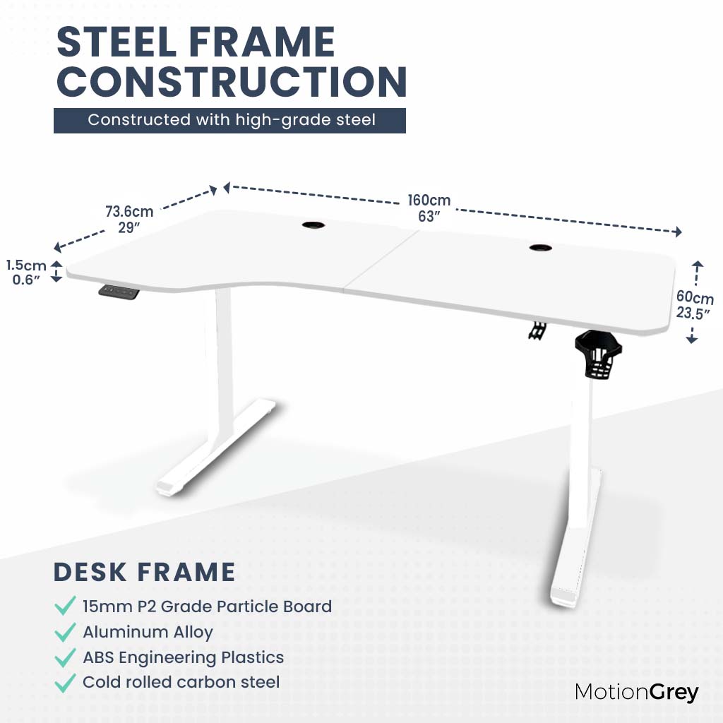 MotionGrey - Height Adjustable L Shaped Standing Desk, Motorized Frame - Left Table Top (White, 63"x29")