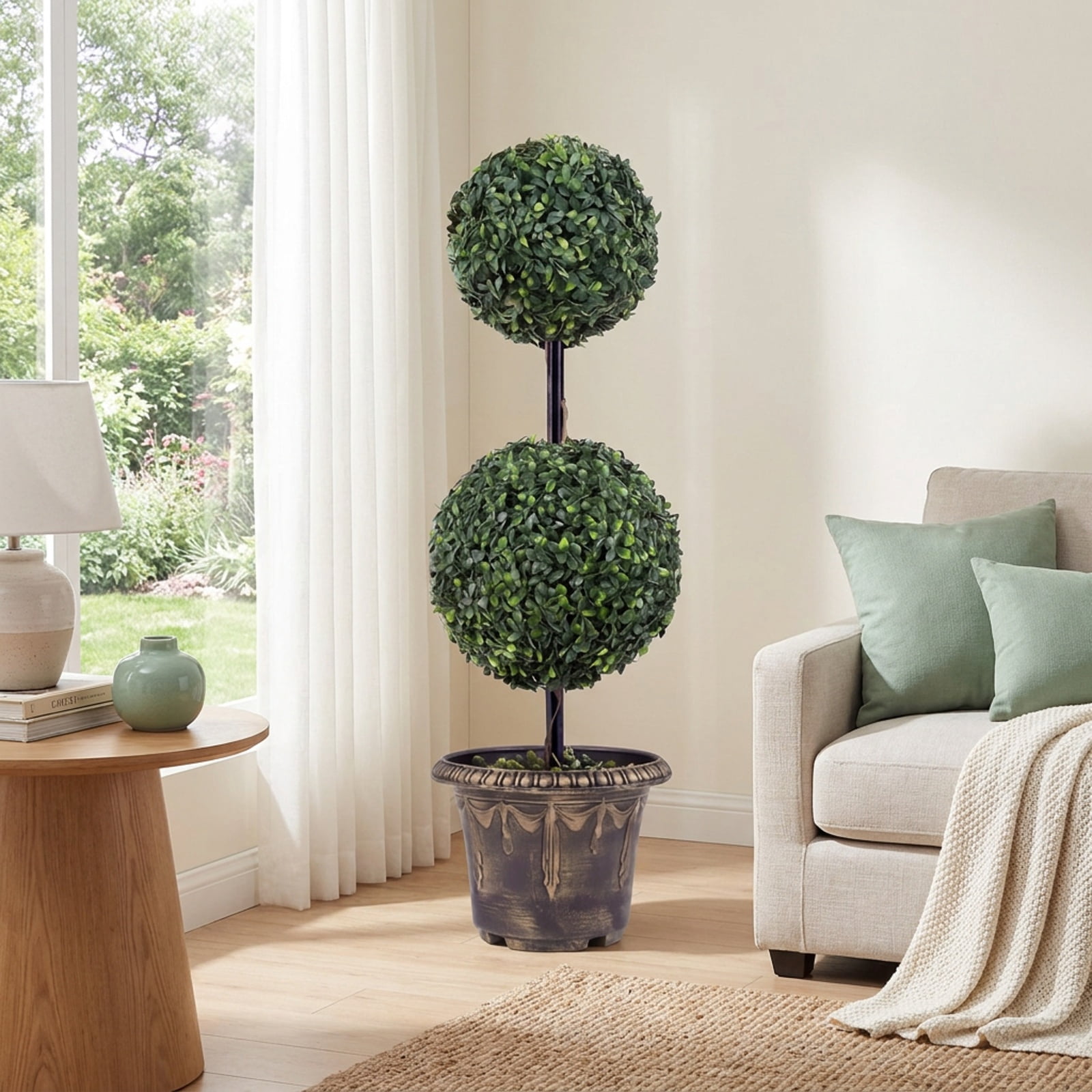 Vebreda Artificial Plant Decor, 3 FT Artificial Boxwood Topiary Tree Double Ball Shrubs, Eye-Catching Topiary Form, No-Upkeep Greenery