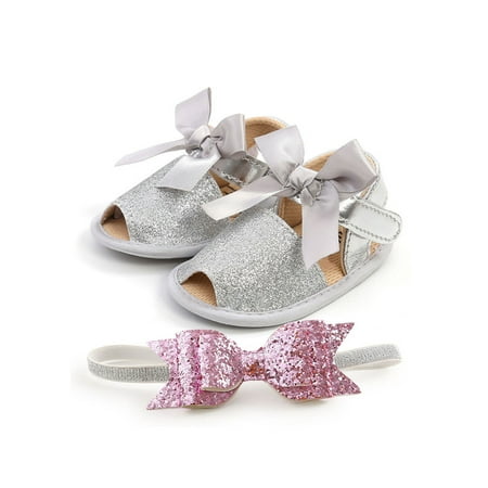 

Ritualay Infant Flat Sandal First Walkers Sandals Soft Sole Crib Shoes Lightweight Comfortable Princess Dress Shoe Birthday Wedding Bowknot Silver with Headband 4C