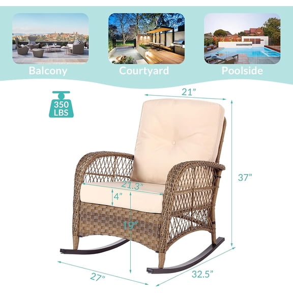 Outdoor Wicker Rocking Chair, Rattan  Rocker Chairs with Cushions and High Back, All-Weather  Wicker Chair with Safe Rocking Design for Garden Backyard Porch, Brown/Beige