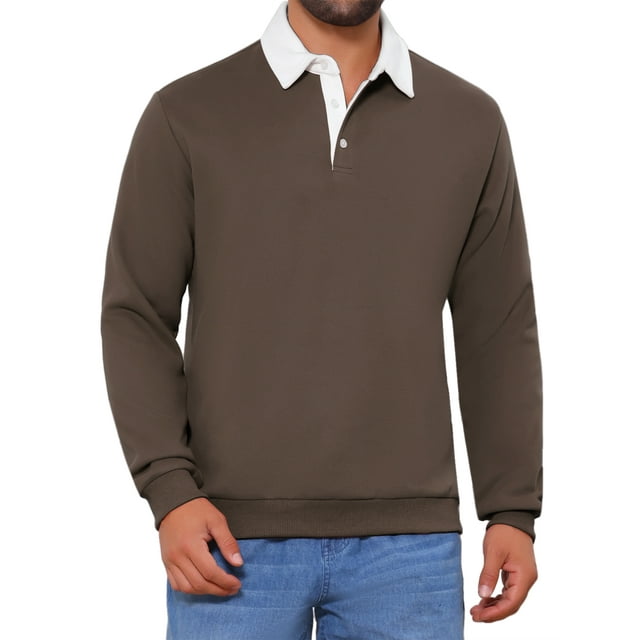 INSPIRAR CHIC Sudadera de Polo de Manga Larga con Cuello Contrastante para Hombre XL Marrón