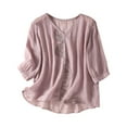 thumbnail image 2 of Embroidered Cotton Linen Blouse Embroidered Puff 3/4 Sleeve Tops Tunic Shirts Cotton Linen Top Loose Casual Vacation Tunics Peasant Blouses Floral Shirt Retro Plus Size Solid Blouses Pink L, 2 of 7