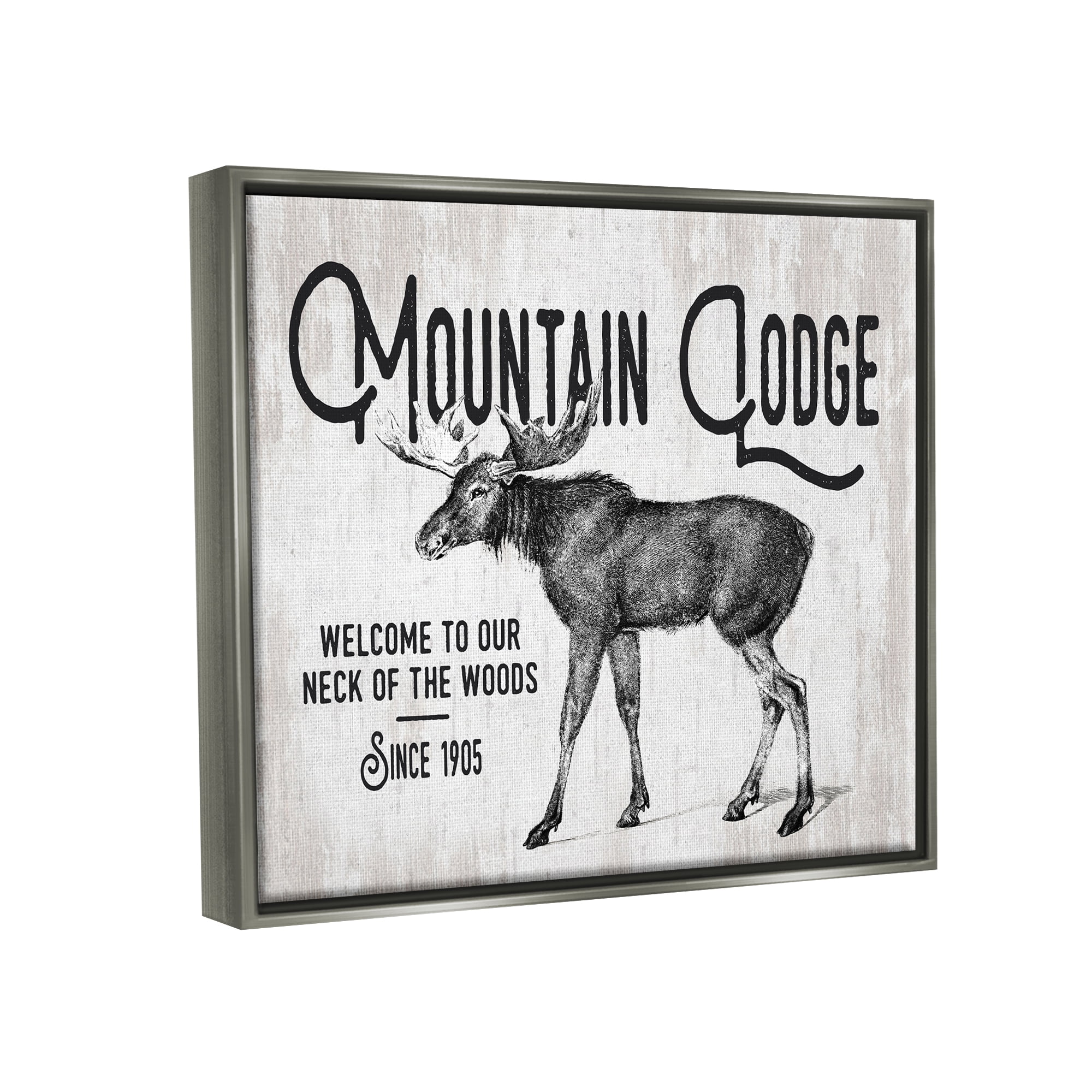 Stupell Industries Rustic Mountain Lodge Vintage Moose Cabin Sign Graphic Art Luster Gray Floating Framed Canvas Print Wall Art, Design by Lettered and Lined