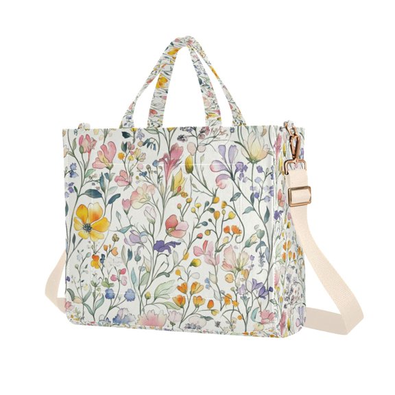 FORMRS Womens Corduroy Tote Bag Crossbody Shoulder Purse Handbag with Detachable Strap, Watercolor Wildflowers