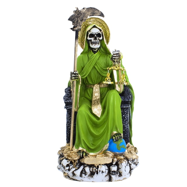 Figura Santa Muerte Verde Suprema Sentada 30 cm Curada con Biblia Tarot Felix