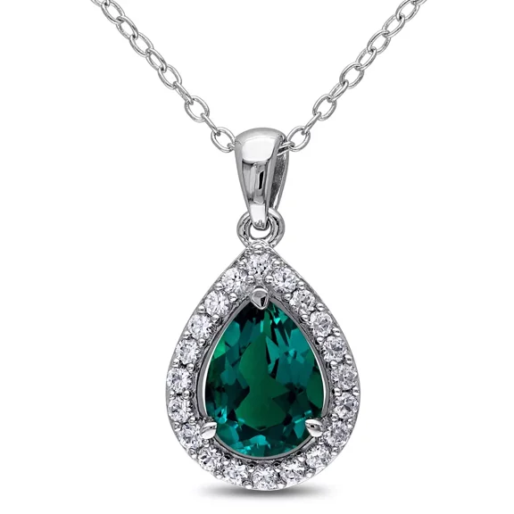 3Ct Pear Cut Lab Created Green Emerald Halo Pendant 14k White Gold Plated