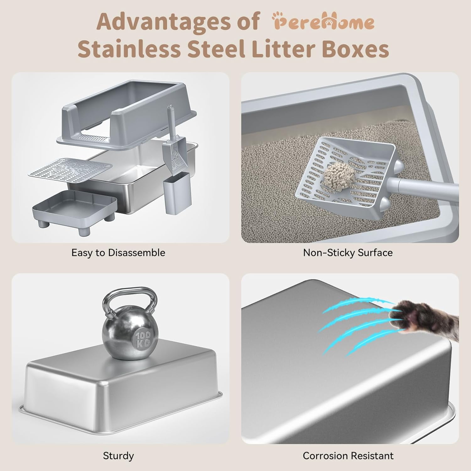 Stainless Steel Cat Litter Box with lid, Extra Large Metal Litter Box for Big Cats XL High-Sided Steel Litter Pan with Anti-Leakage Design, Odorless, Easy Clean, Includes Scoop (Gray)