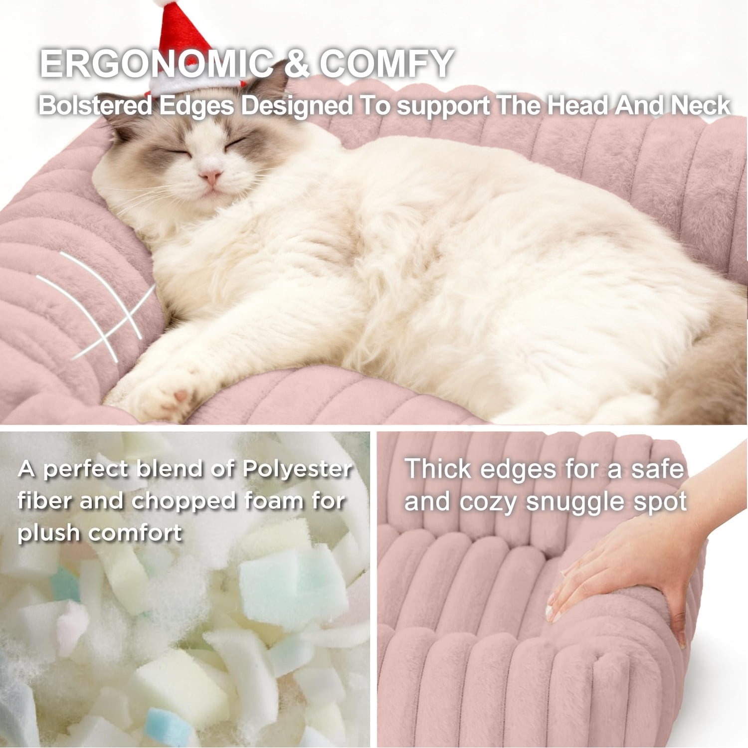 Sanmadrola Cat Bed for Indoor Cats Furry Corduroy Fleece Orthopedic Pet Bed Sofa Removable Washable Cover Non Skid Bottom, Pink