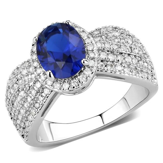 Alamode 3W1563-5 Women Rhodium Brass Ring with Synthetic in London Blue - Size 5