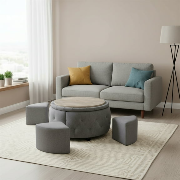 AC Pacific Matt Round Storage Ottoman with Reversible Tray Top, Dark Grey