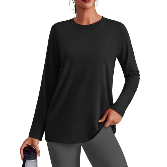 Pinspark Long Sleeve Workout Tops for Women Solid Athletic Shirts Lightweight Yoga Shirt Stretchy Running Top Loose Fit Black L