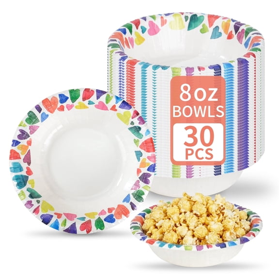 DTFMZOV Disposable Paper Bowls 8 oz, 30 Count Heart Bowls, Soak Proof, Microwave-Safe Bowls, 5.5 inch Round Bowls for Home, Camping, Birthday Party Decorations