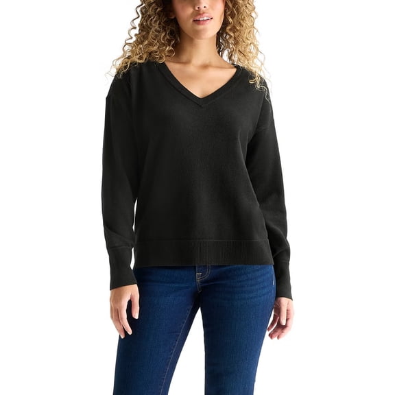 Lucky Brand Women's V-Neck Knit Sweater - Long Sleeve Relaxed Fit - Midweight (X-Small, Black)