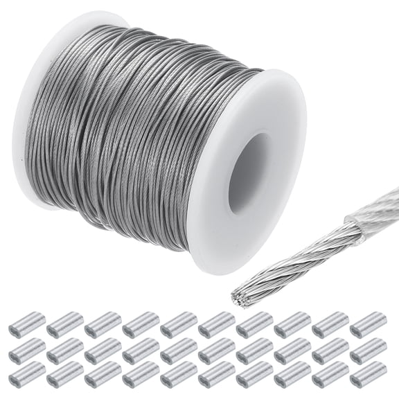 328Ft(100M) Wire Rope 304 Stainless Steel Cable 1/16" (1.5 mm) Vinyl Coated with 30Pcs Aluminum Sleeves Transparent