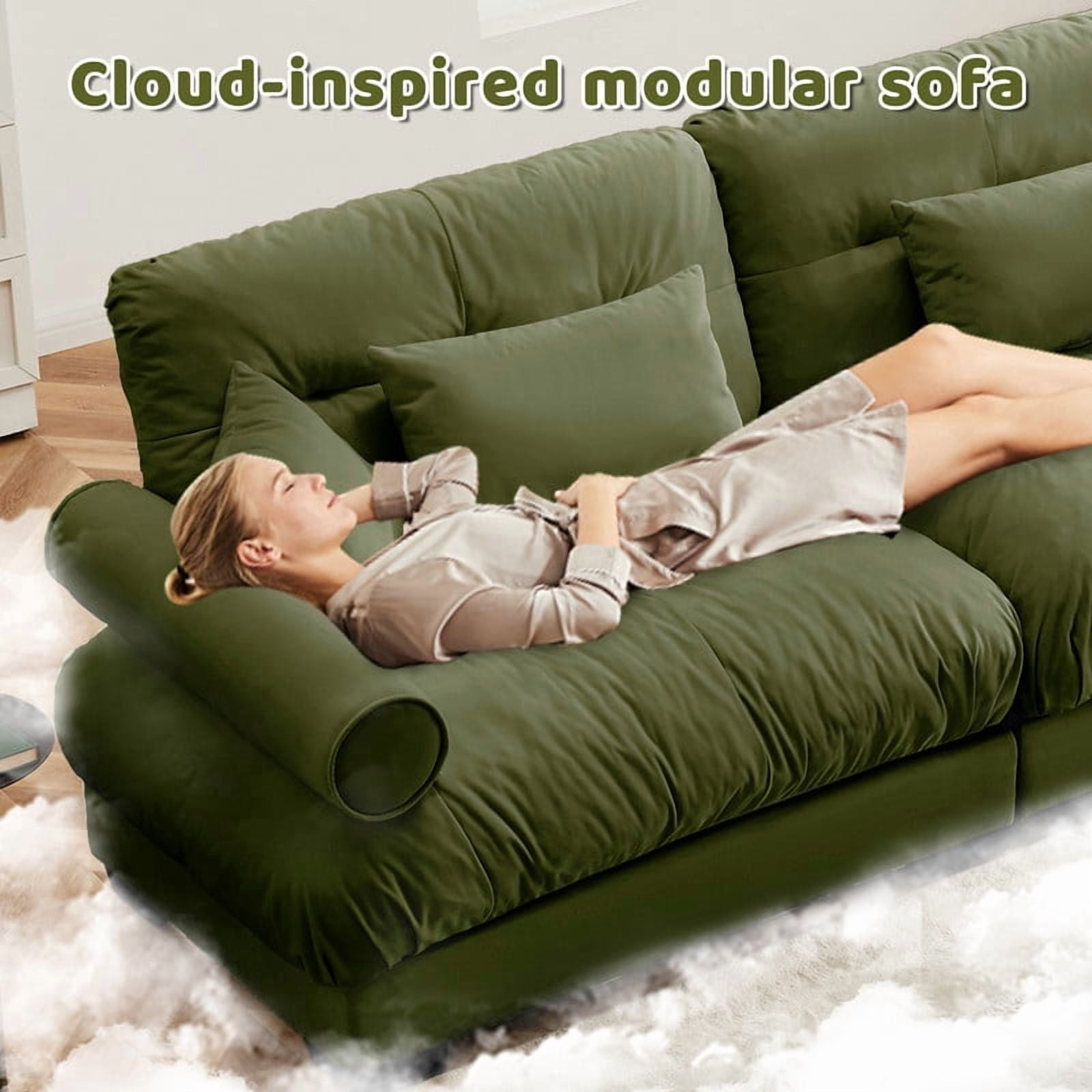 93.7" Modular Sectional Sofa, 2-Seater Velvet Couch, Deep Seat Cloud Sofa with Bolster Armrests & Pillows, Modern Upholstered Sofa for Living Room, Apartment, Olive Green