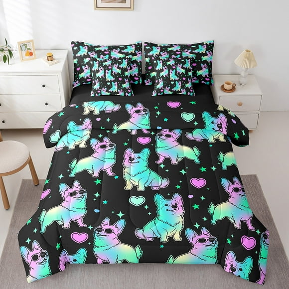 Kids Corgi Queen Bedding Set 7 Piece Cute Teal Purple Dog Comforter Set With Sheets For Girls Boys Kawaii Puppy Pet Animal Bed In A Bag Stars Love Heart Decor Bed Set Reversible