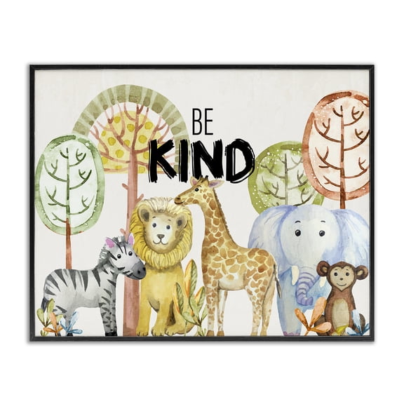 Stupell Industries Be Kind Jungle Animals Quotes and Sayings Painting Black Framed Art Print Wall Art, 14 x 11