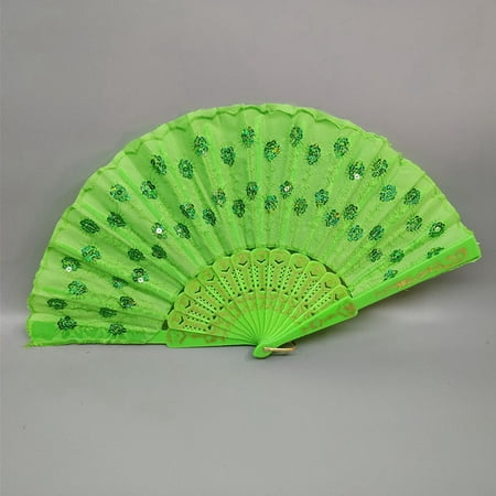 Fancyleo 1Pc Peacock Tail Embroidered Sequins Folding Hand Held Dance Performance Fan