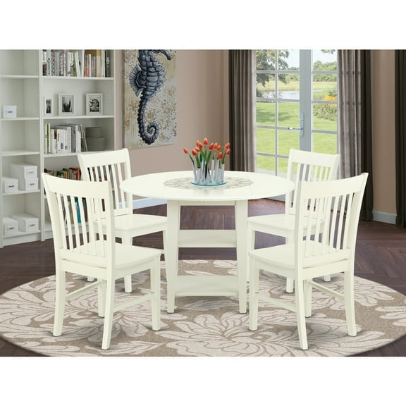 Round Dinette Set - 5 Piece Kitchen Table & Chairs - Linen White Finish - Modern Dining Room Set