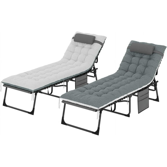 XgoodX Chaise Lounge Chair Outdoor Set of 2, 5-Position Adjustable Outdoor Pool Lounge Chairs, Folding Tanning Chair Beach Lounger with Cushion, Headrest, Side Pocket for Patio, Yard,Grey