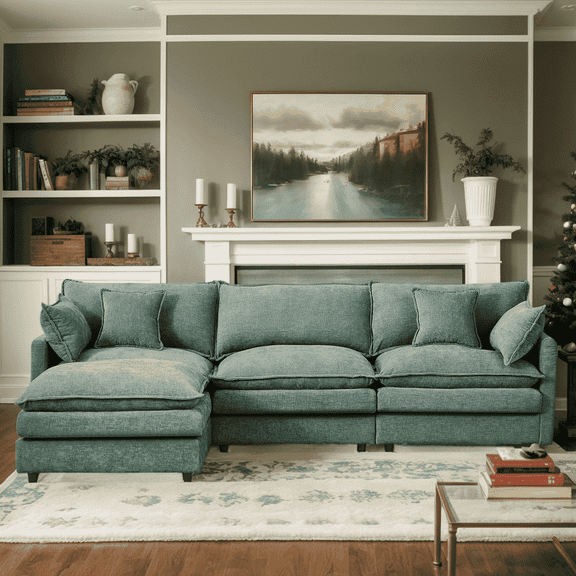 Eyisean 102" Chenille Modular Sectional Sofa with Ottoman, 3-Seater L Shape Cloud Couch with Upholstered & Pillow, Comfy Sleeper Sofa for Living Room, Bedroom, Office, Easy Assembly