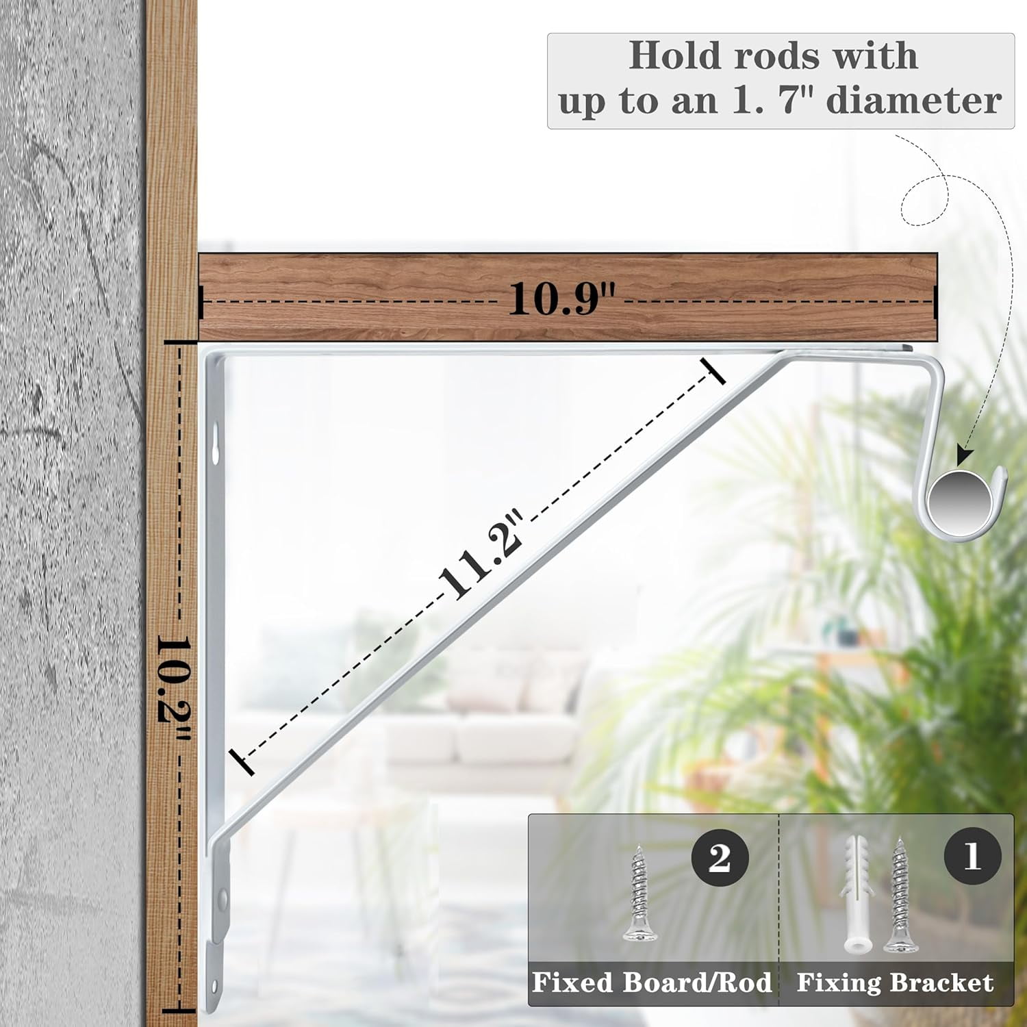 KOLAKO Closet Rod Brackets, Heavy Duty Shelf Brackets, Wall Mounted Metal Clothes Hanger Pole Support Hooks,10.9X 10.2 inch, 2 Pack, White