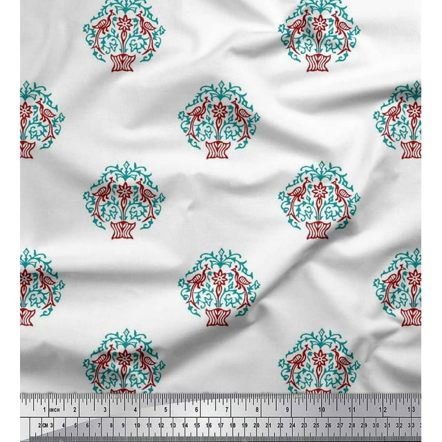 Soimoi Satin Silk Fabric Peacock & Tree Block Print Sewing Fabric Yard 42 Inch Wide