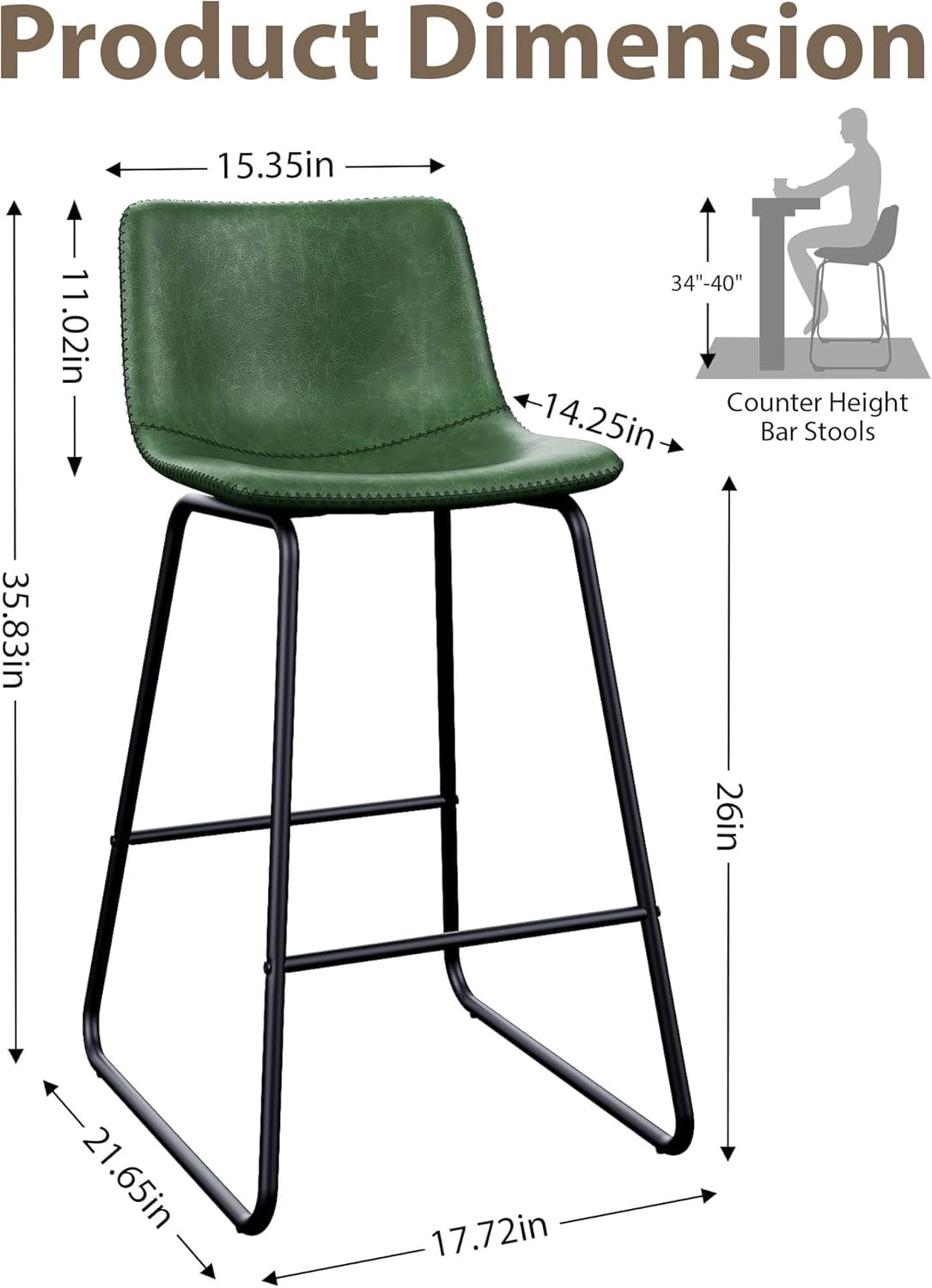 LainTene 26" Bar Stools Set of 2 – Faux Leather Counter Height Stools with Backrest & Footrest, Heavy-Duty Metal Frame for Kitchen, Bar, Living Room, Green