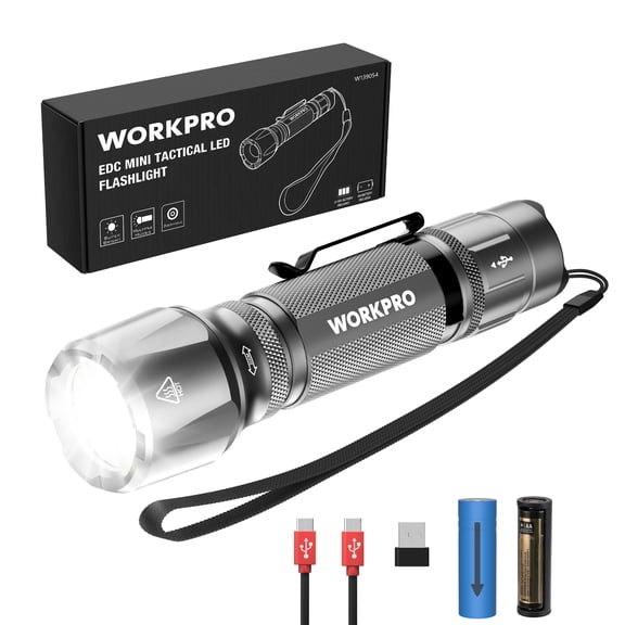 WORKPRO 1200 Lumens Rechargeable Tactical Flashlight, EDC Mini Pocket Light with Zoom Focus, 7 Modes, Battery Included, Gray