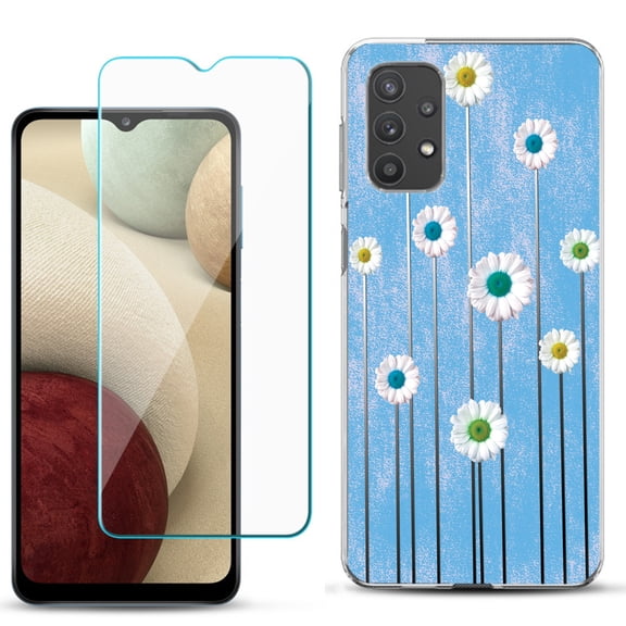 Slim-Fit TPU Phone Case compatible with Samsung Galaxy A32 5G, with Tempered Glass Screen Protector, by OneToughShield ® - Daisy Sky