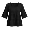 thumbnail image 5 of VBVC Women's Cotton Linen Square Neck Top, Ladies' 3/4 Sleeve Babydoll Blouse, Lace Trim Tiered Summer Shirt For Women, Black , S-2XL, 5 of 6