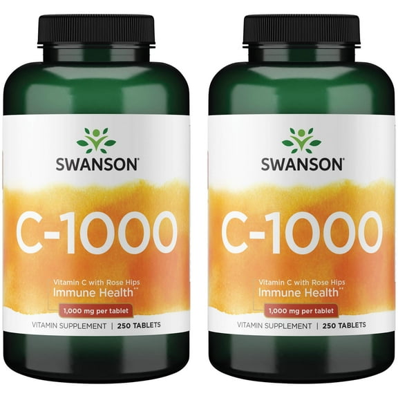 Swanson Vitamin C with Rose Hips Immune System Support Skin Cardiovascular Health Antioxidant Supplement 1000 mg 250 Tablets (Tabs) (2 Pack)
