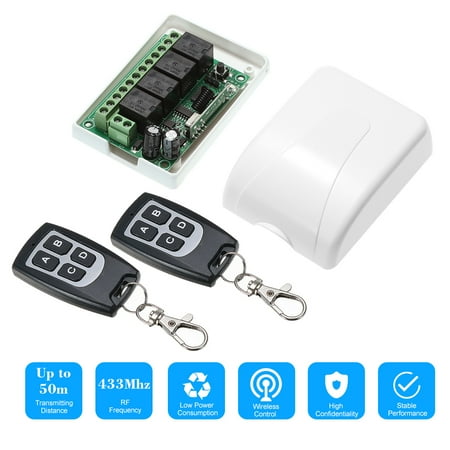 - 433Mhz DC 12V 4CH Universal 10A Relay Wireless Remote Control Switch Receiver Module and 2PCS 4 Key RF 433 Mhz Transmitter Remote Controls 1527 Chip Smart Home Automation