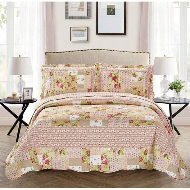 Fancy Linen 2pc Twin/Twin Extra Long Over Size Bedspread Floral Pink Beige Green White New