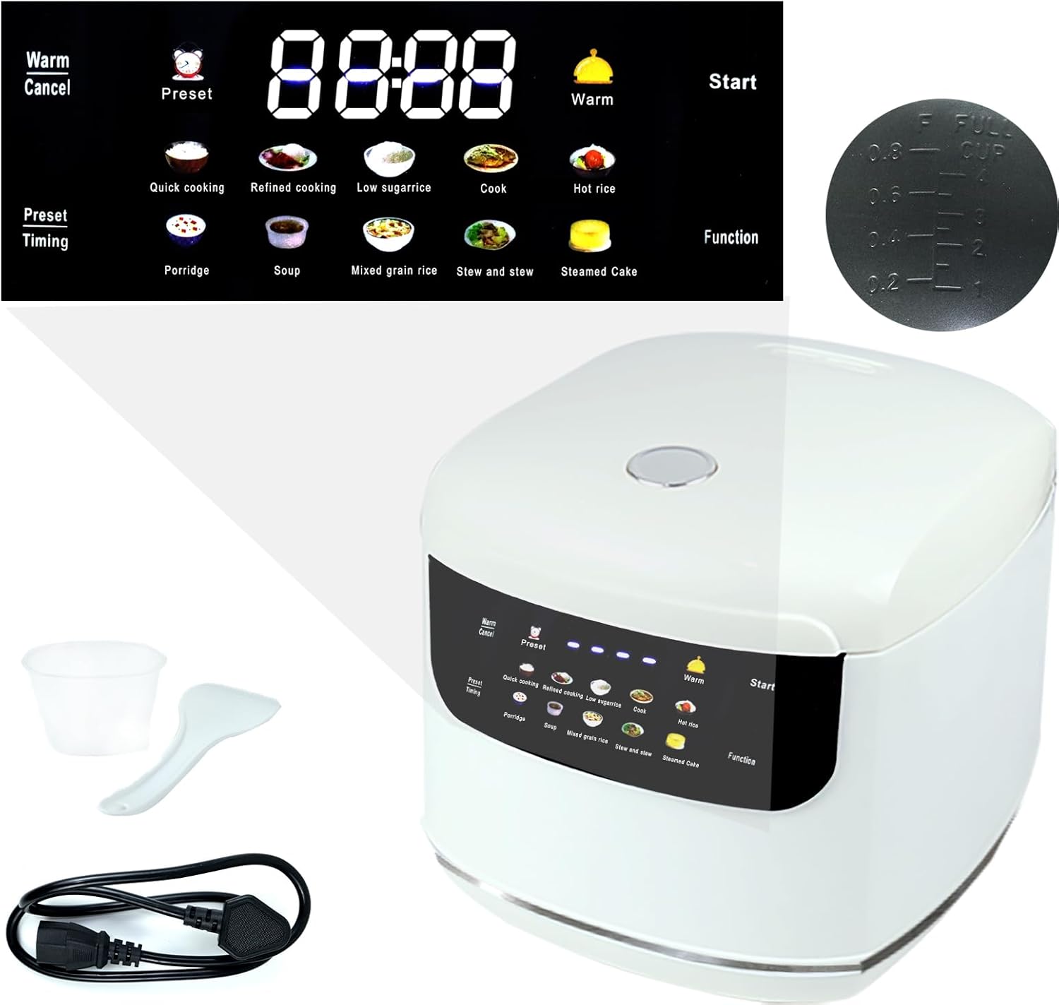 Portable 2L  Ceramic Rice Cooker, 6 Cups Cooked, 400W Non-Stick with 10 Functions & 24h Timer for Dorms Camping