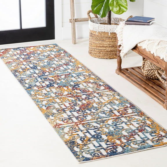 JONATHAN Y AMALFI COAST 2 x 8 Runner Rug, Cetara Ornate Trellis - Cream/Blue/Orange, AMC111A-28