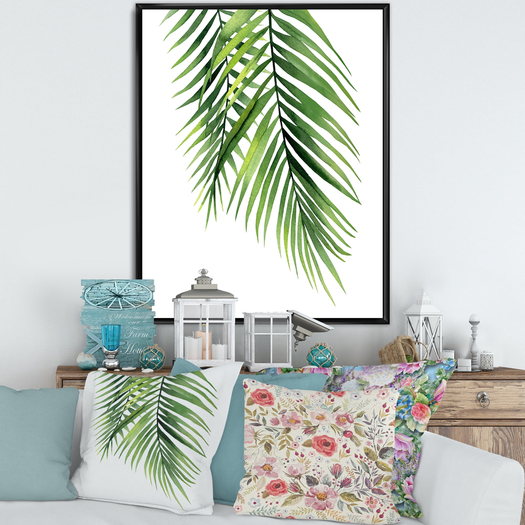 Designart 'Tropical Palm Branches' Tropical Framed Canvas Wall Art Print