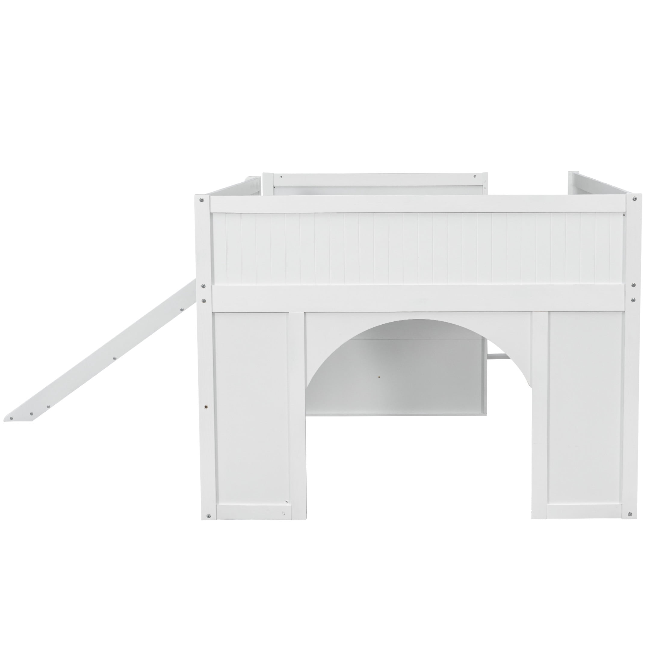Noble House Seaman Full Size Low Loft Bed with Slide and Storage Shelves, Pine Wooden Playhouse Bed, White