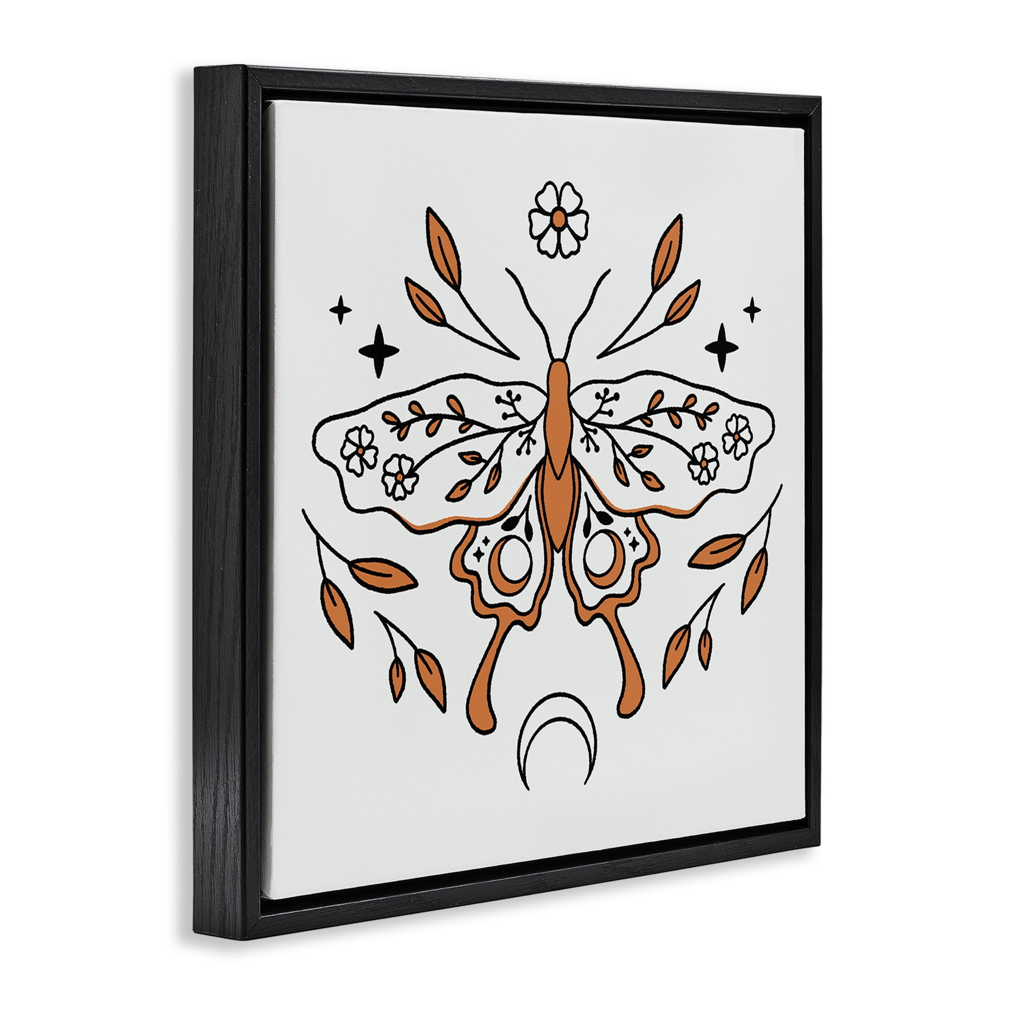 Stupell Industries Celestial Floral Moth Animals Painting Black Floater Framed Canvas Art Print Wall Art, 25 x 25