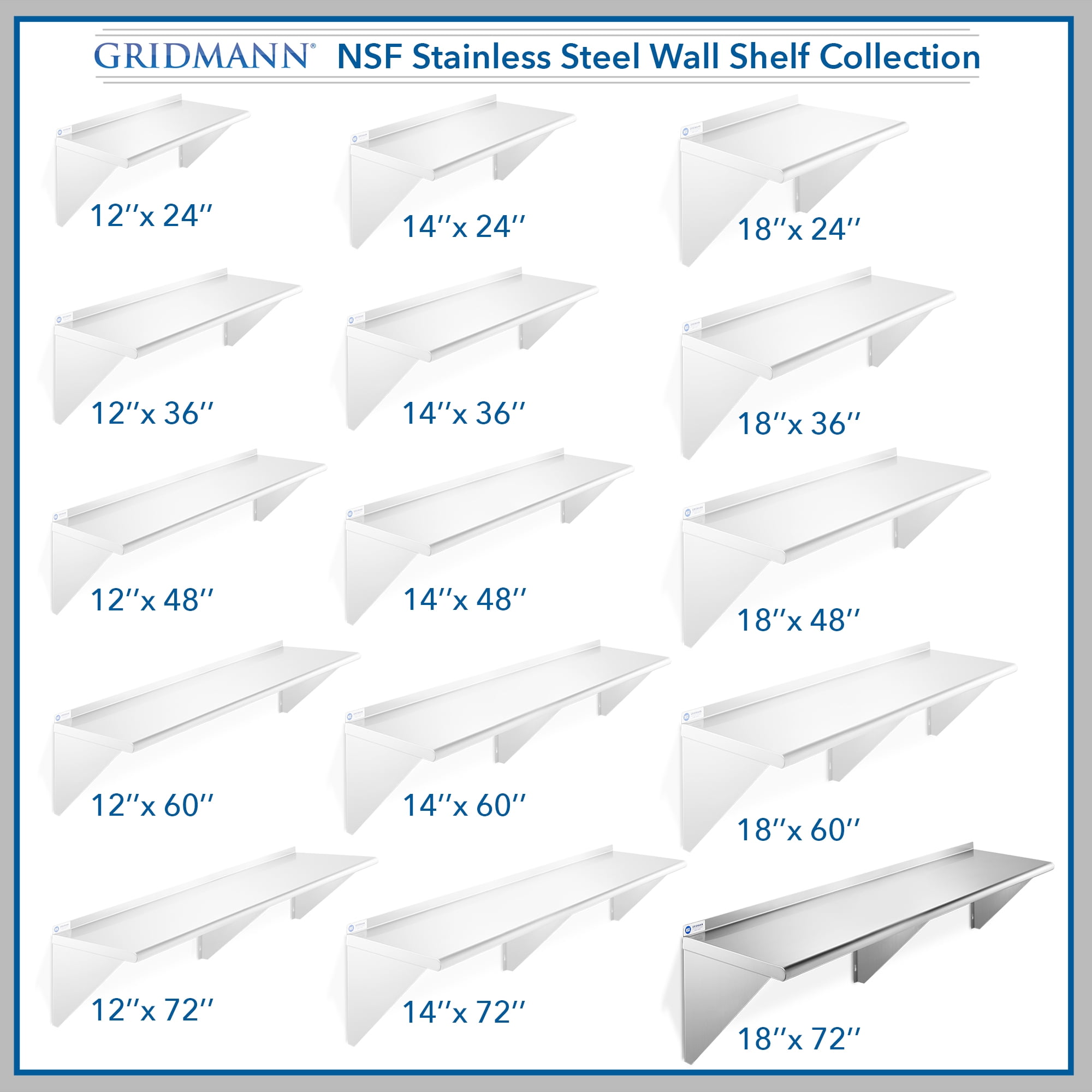 GRIDMANN 18" x 72" NSF Stainless Steel Kitchen Wall Mount Shelf w/ Backsplash