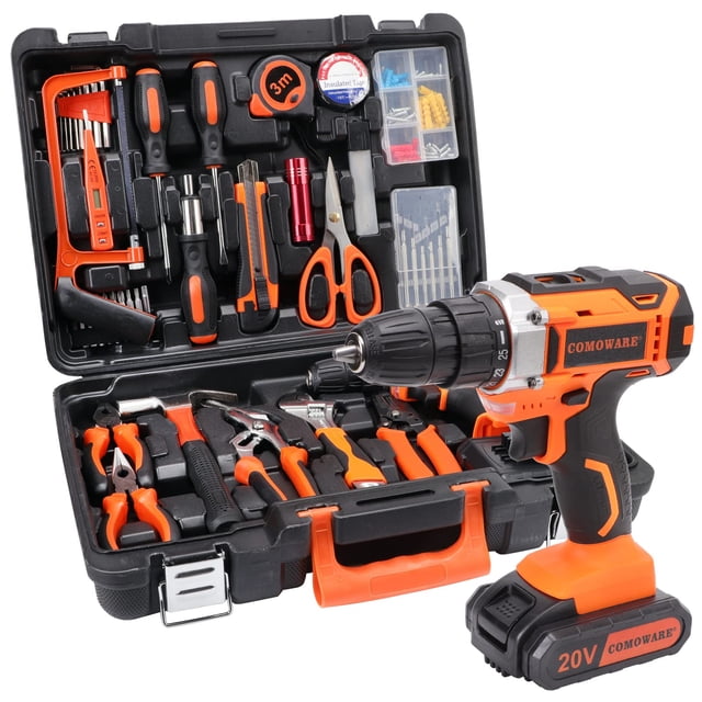 Juego de herramientas COMOWARE, taladro inalámbrico de 20 V con 120 piezas para reparaciones en el hogar