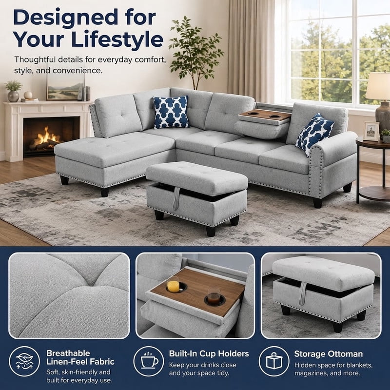 98" L-Shaped Sectional Sofa with Storage Ottoman, 4-Seat Linen Upholstered Modular Couch with Left Chaise, Drop-Down Backrest with Cup Holders, Nailhead Trim, 3-Piece Sofa Set for Living Room, Office