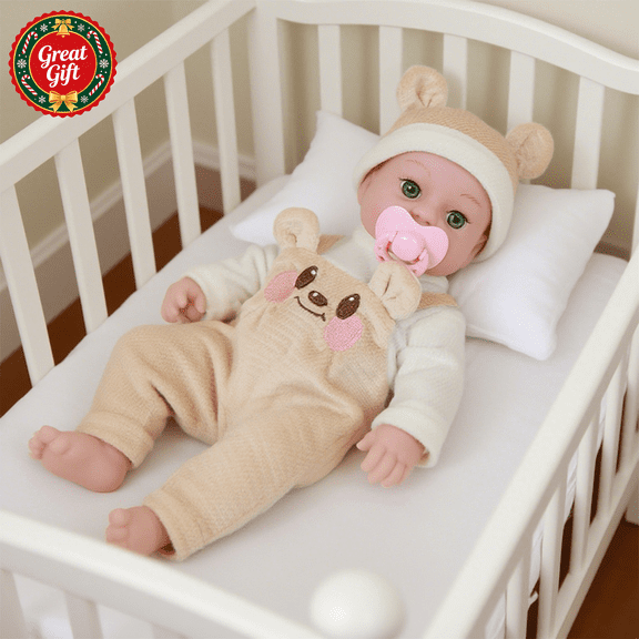 Realistic Newborn Baby Doll with Bear Outfit & Pacifier, Lifelike Soft Vinyl Infant Doll for Pretend Play, Nurturing Toy, Christmas Birthday Gift for Toddler Boys Girls Ages 3 and Up
