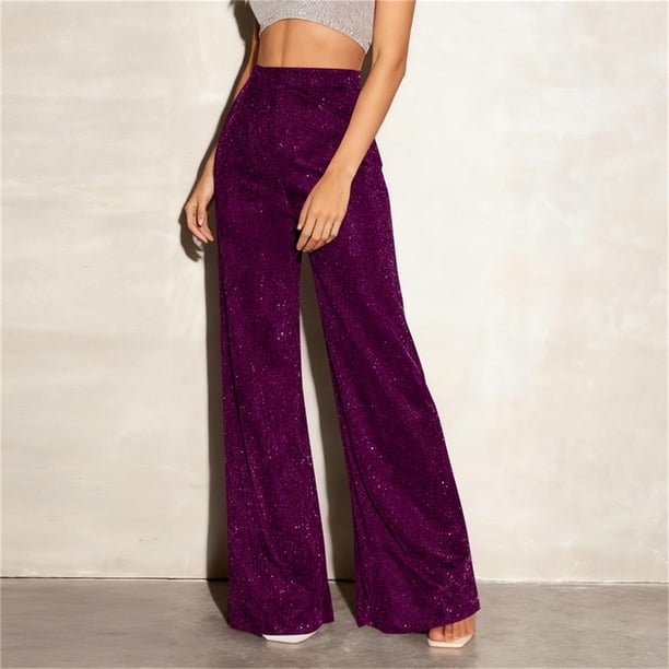 Pincandy Women's Solid Color Fashion Elastic Waist Silver Thread Wide Leg Pants, Loose Fit, Casual & Daily Wear