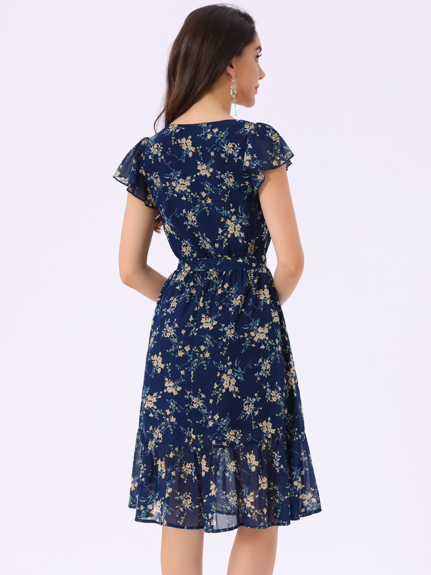DARING DIVA Square Neck Flutter Sleeve A-Line Midi Dress S Blue