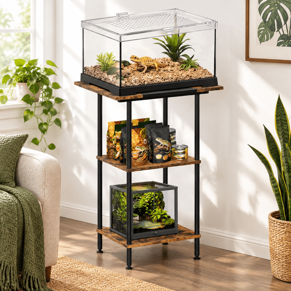 3 Tier Reptile Tank Stand with Adjustable Feet and Lockable Wheels